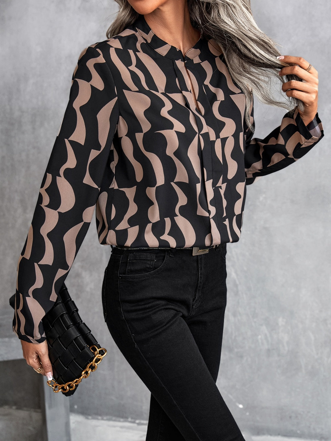 Printed Notched Long Sleeve Blouse - Thandynie