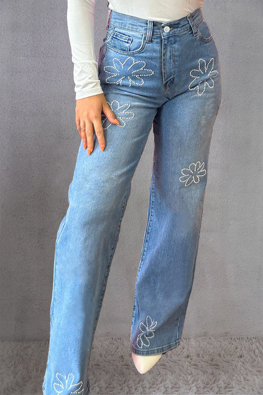 Rhinestone Straight Jeans with Pockets - Thandynie