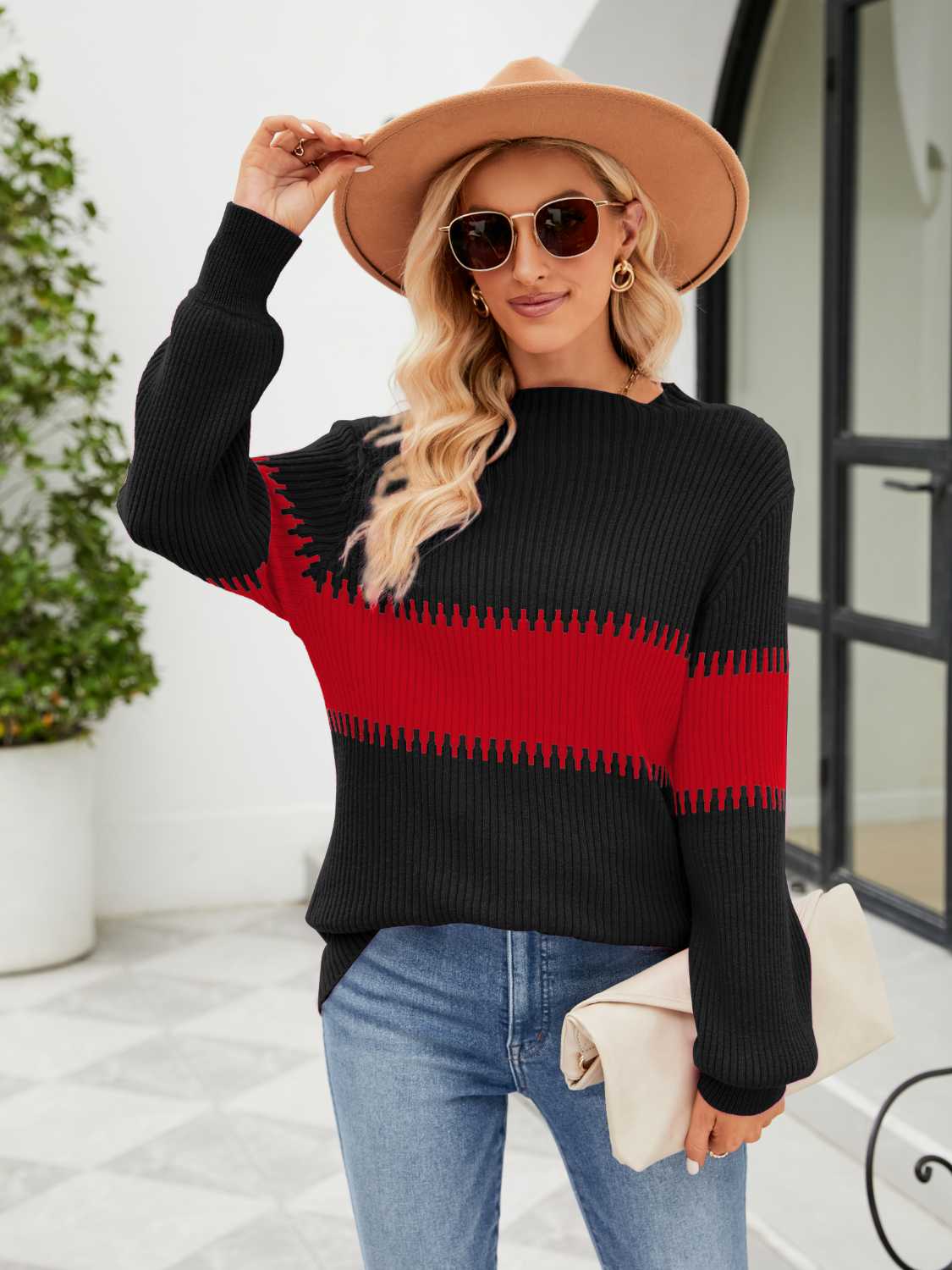 Contrast Round Neck Sweater Deep Red