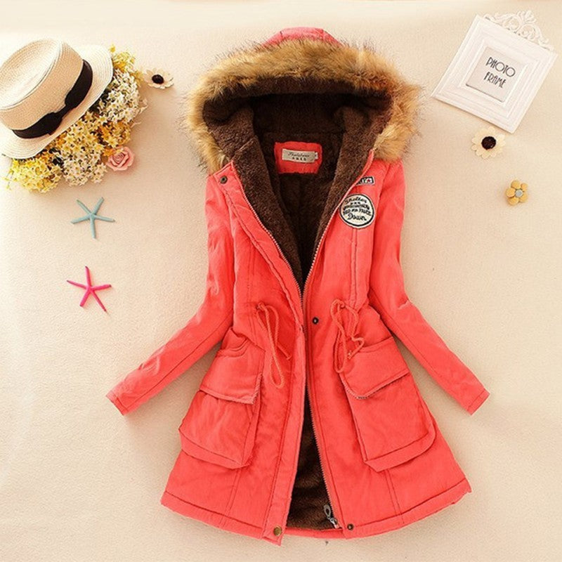 Long Women's Cotton-Padded Jacket With Wool Collar Watermelon red