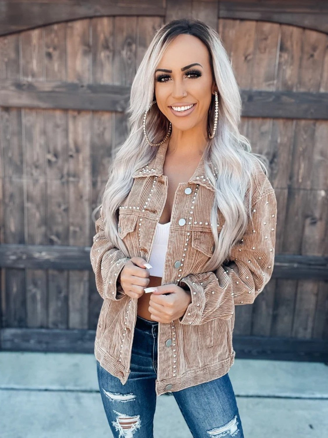 Studded Collared Neck Button Down Jacket - Thandynie