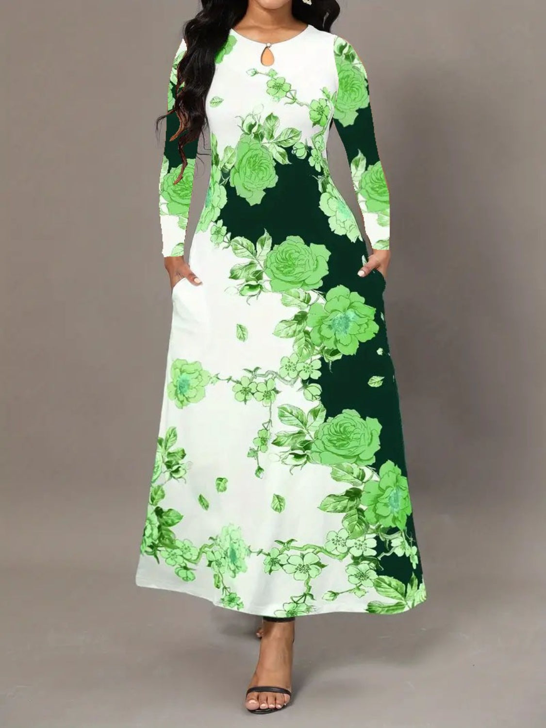 Pocketed Printed Long Sleeve Dress Green