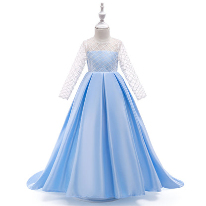 Mesh Long Sleeve Trailing Girls' Dress Sky blue