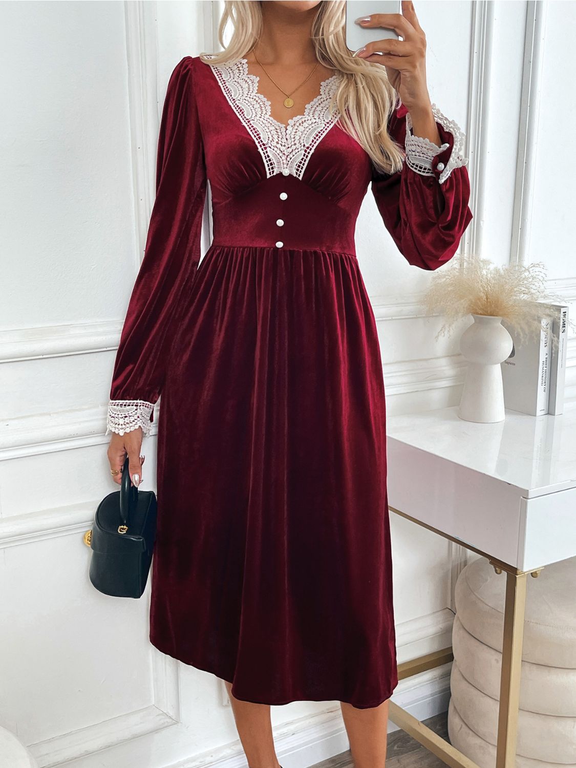 Perfee Lace Detail V-Neck Long Sleeve Midi Dress Burgundy