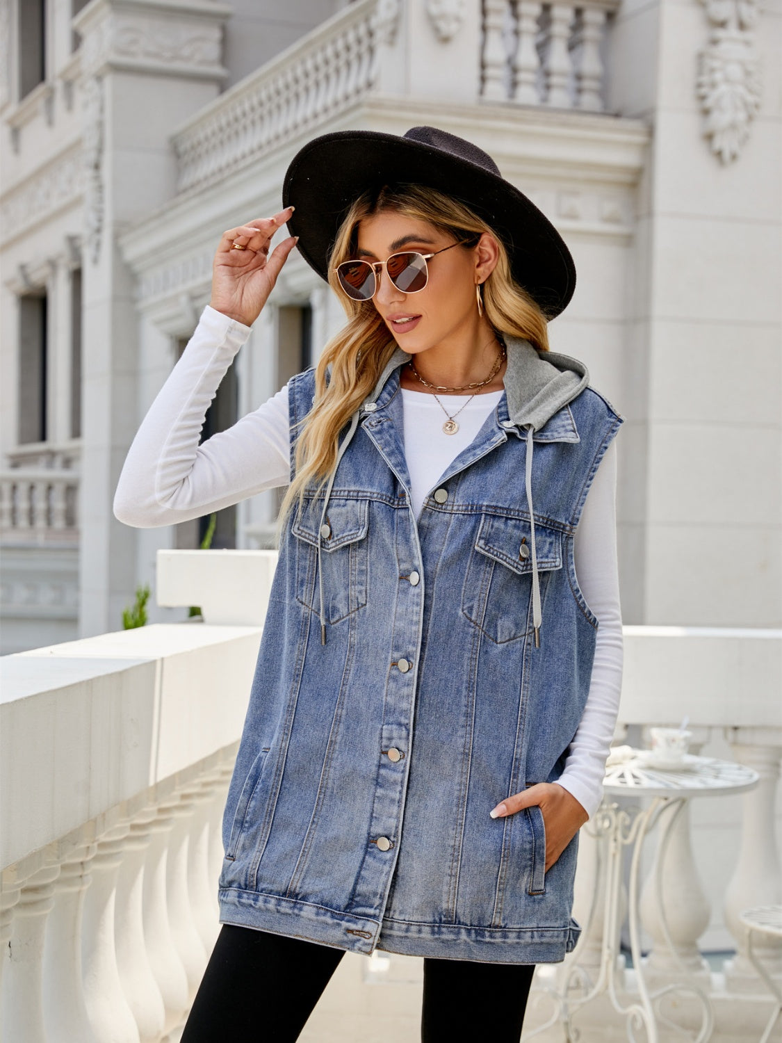 Drawstring Pocketed Button Up Sleeveless Denim Jacket Dusty Blue