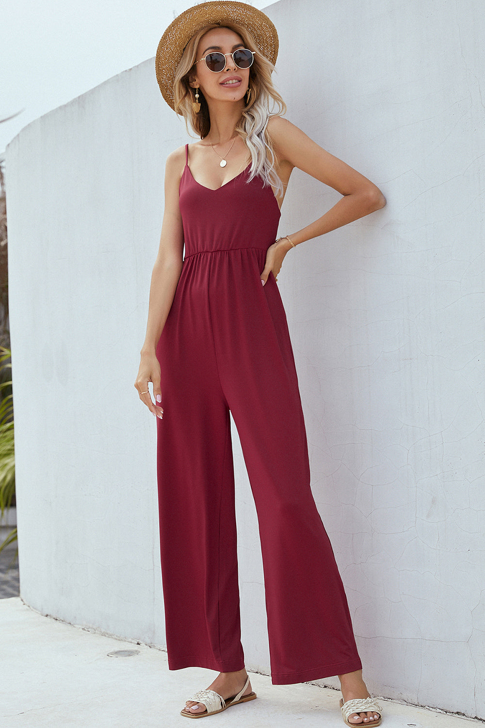 V-Neck Spaghetti Strap Wide Leg Jumpsuit - Thandynie