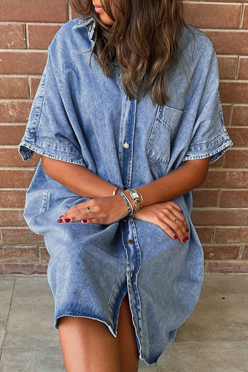 Light Blue Loose Medium Wash Short Sleeve Shirt Chambray Dress