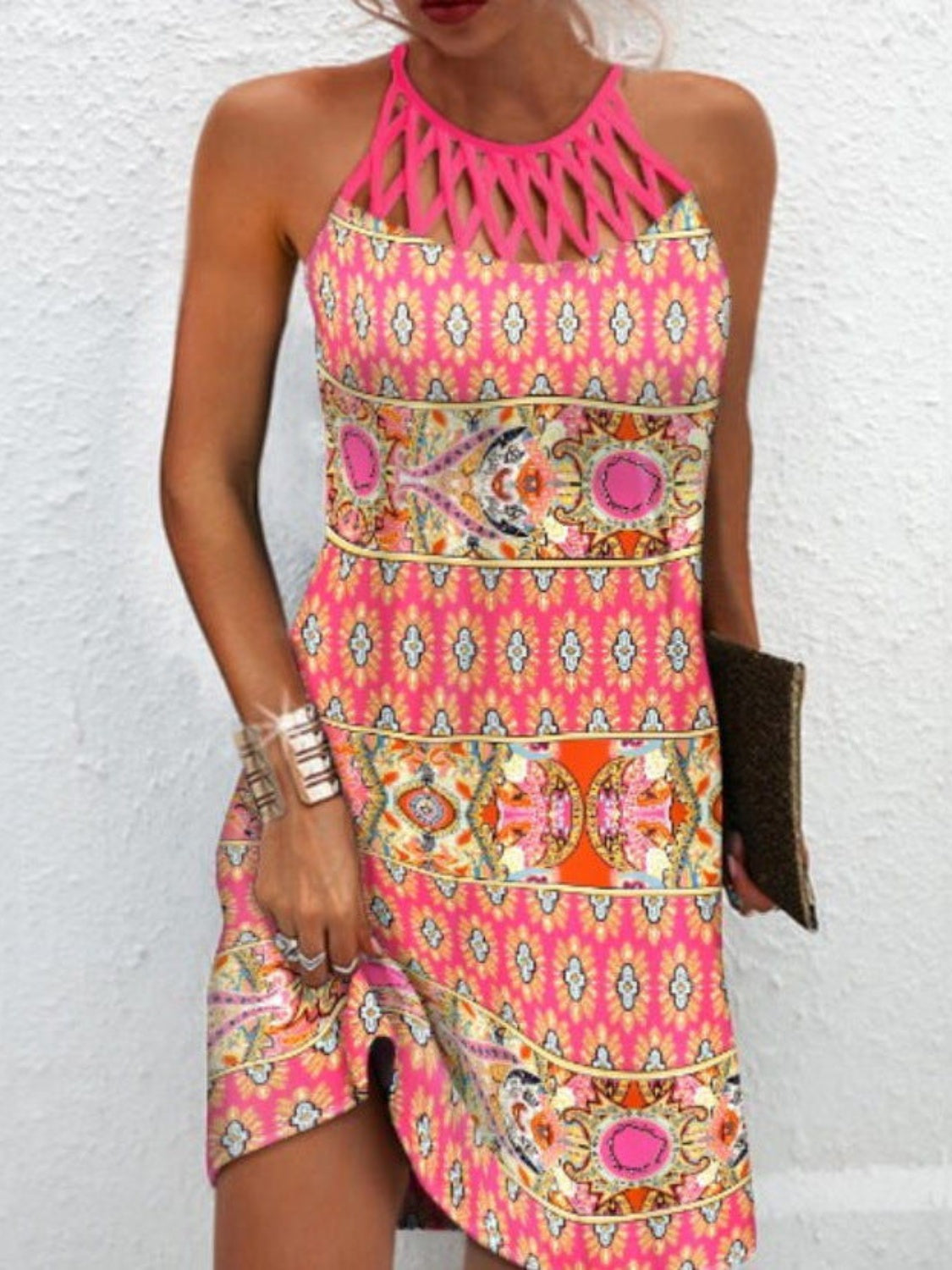 Printed Grecian Neck Mini Dress Hot Pink