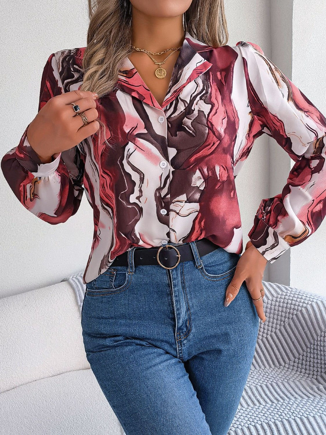 Printed Button Up Long Sleeve Shirt - Thandynie