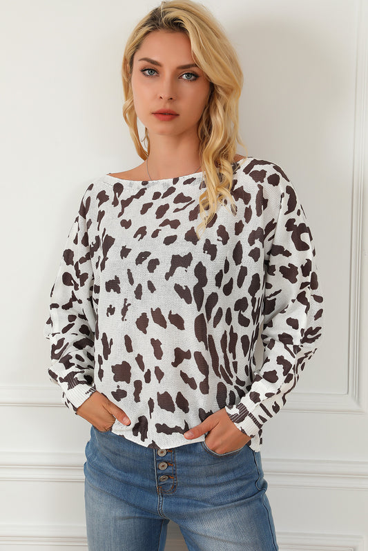 Leopard Boat Neck Long Sleeve Sweater White