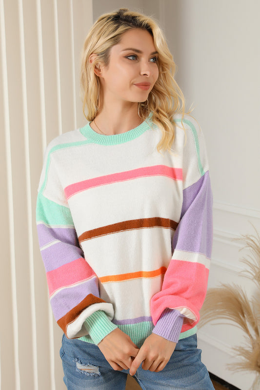 Round Neck Lantern Sleeve Sweater Stripe