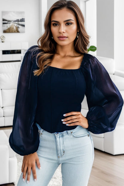 Square Neck Balloon Sleeve Blouse Dark Blue