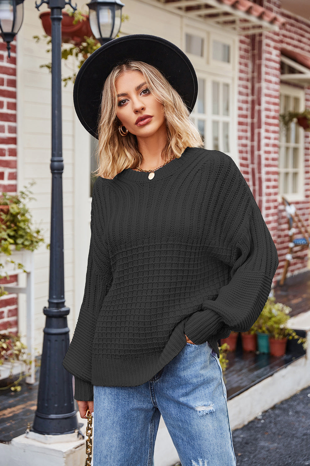 Ribbed Drop Shoulder Lantern Sleeve Sweater Black