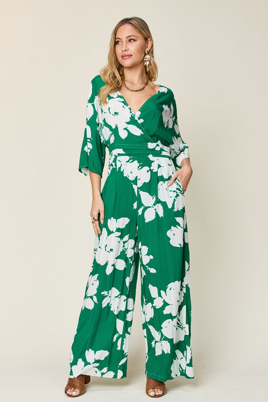 Double Take Full Size Printed Tie Back Wide Leg Jumpsuit Green
