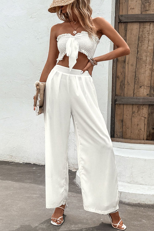 Smocked Tube Top and Wide Leg Pants Set White