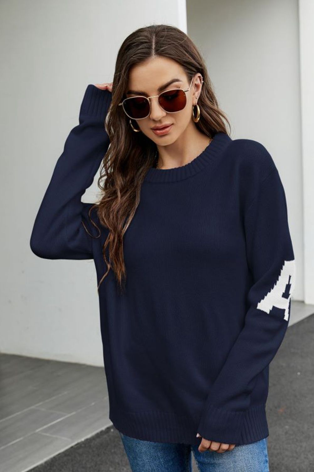 Round Neck Dropped Shoulder Sweater Dark Blue