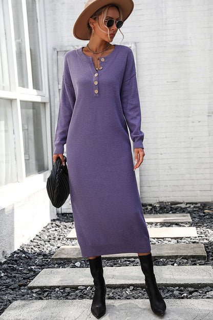 Decorative Button Notched Dropped Shoulder Sweater Dress Mauve