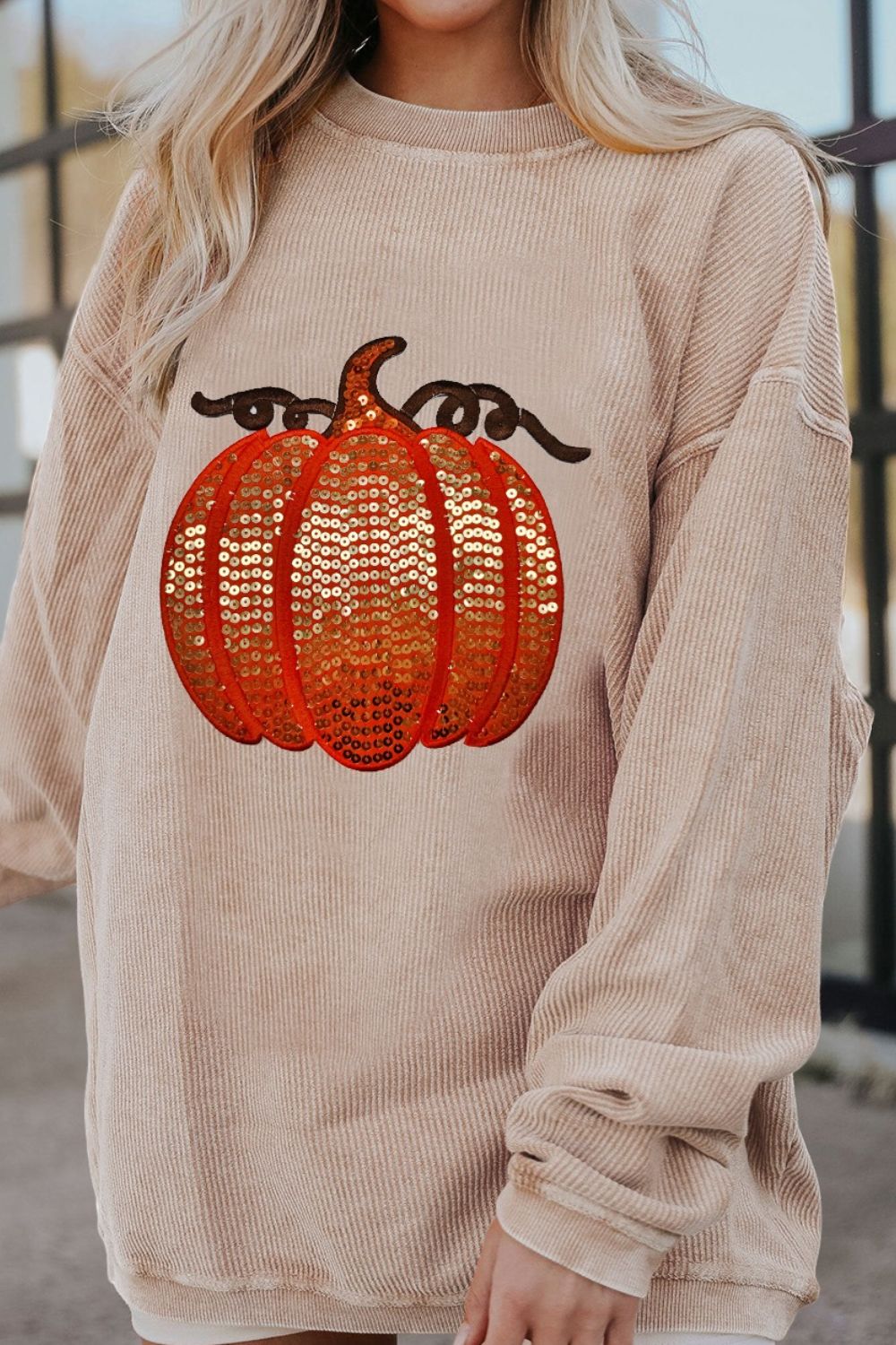 Sequin Pumpkin Round Neck Long Sleeve Sweatshirt Eggshell