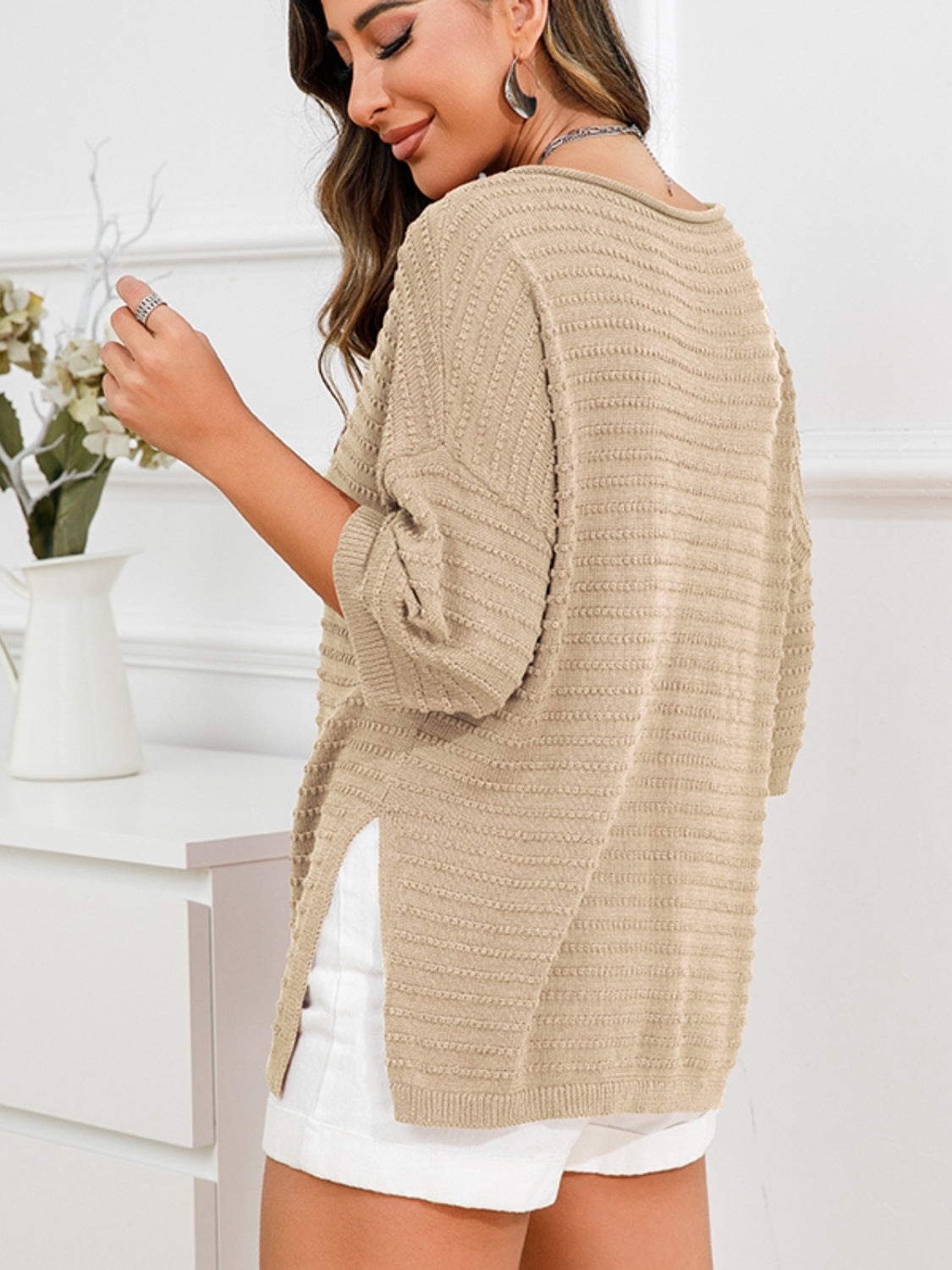 Rolled Round Neck Dropped Shoulder Slit Sweater