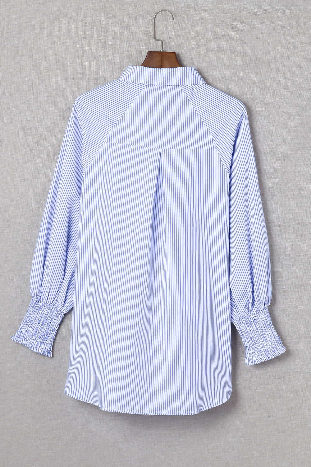 Sky Blue Smocked Cuffed Striped Boyfriend Shirt with Pocket