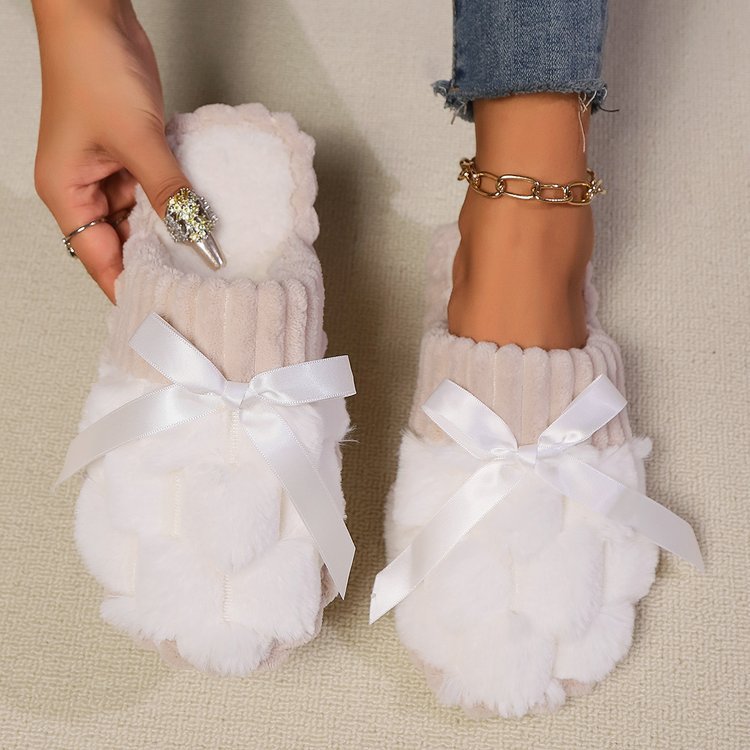 Bow Trim Contrast Slippers White