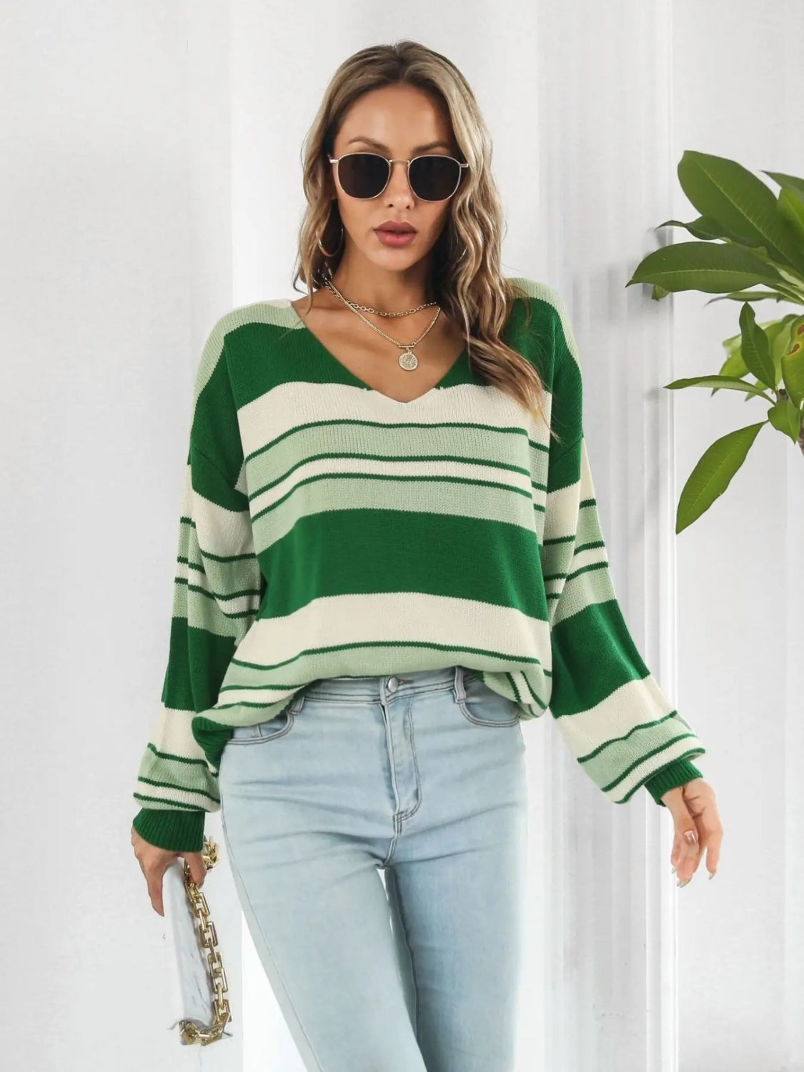 Striped V-Neck Dropped Shoulder Sweater Green