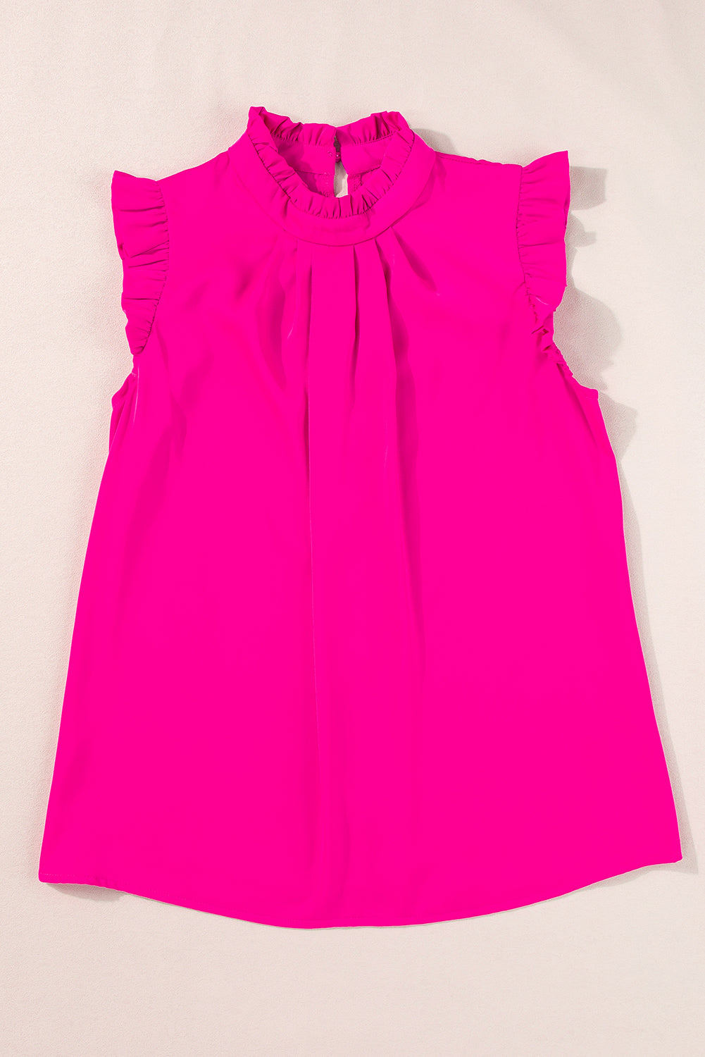 Bright Pink Pleated Mock Neck Frilled Trim Sleeveless Top