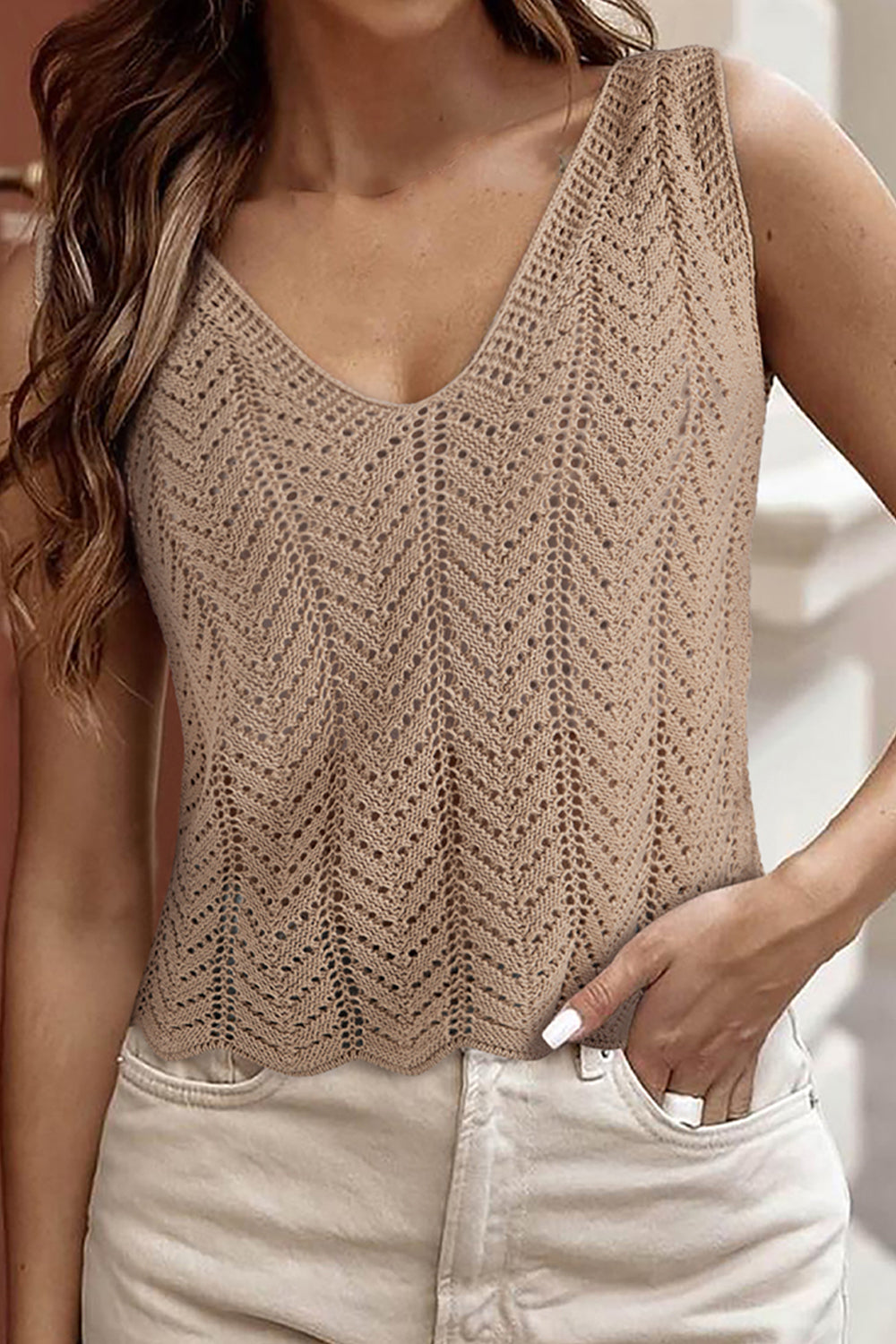 Openwork V-Neck knit Vest Tan