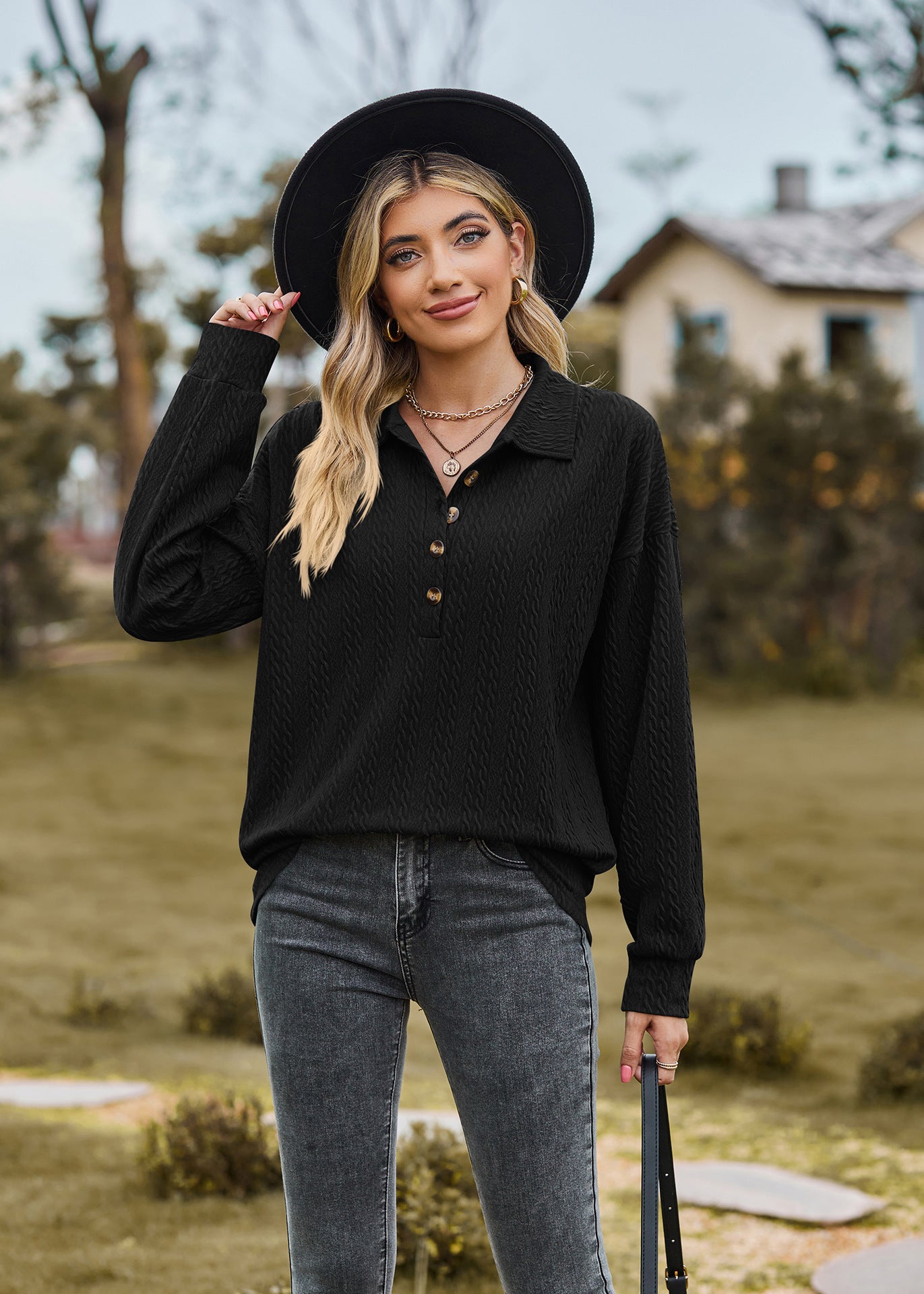 Half Button Dropped Shoulder Blouse Black