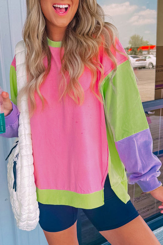 Exposed Seam Color Block Long Sleeve Sweatshirt Pink