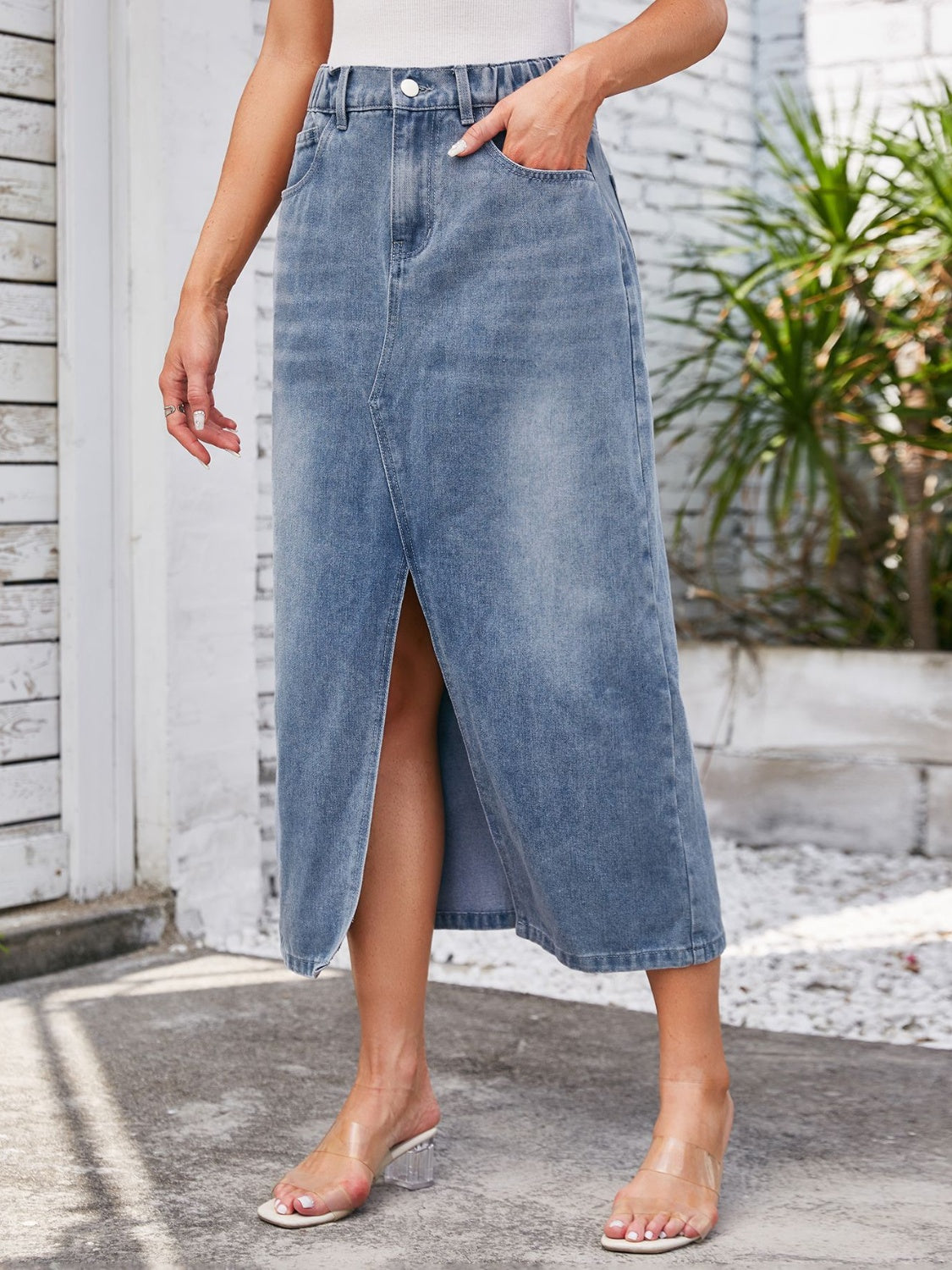 Slit Midi Denim Skirt with Pockets - Thandynie