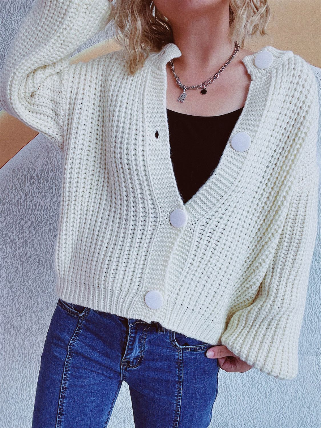 Button Up Long Sleeve Cardigan White One Size