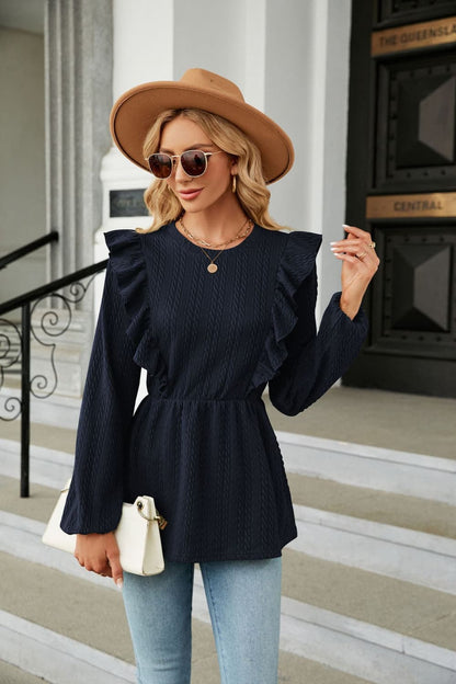 Round Neck Ruffled Peplum Blouse Navy