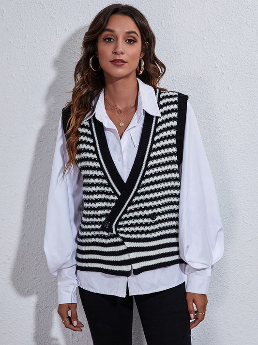 Striped Button Up V-Neck Sweater Vest Black