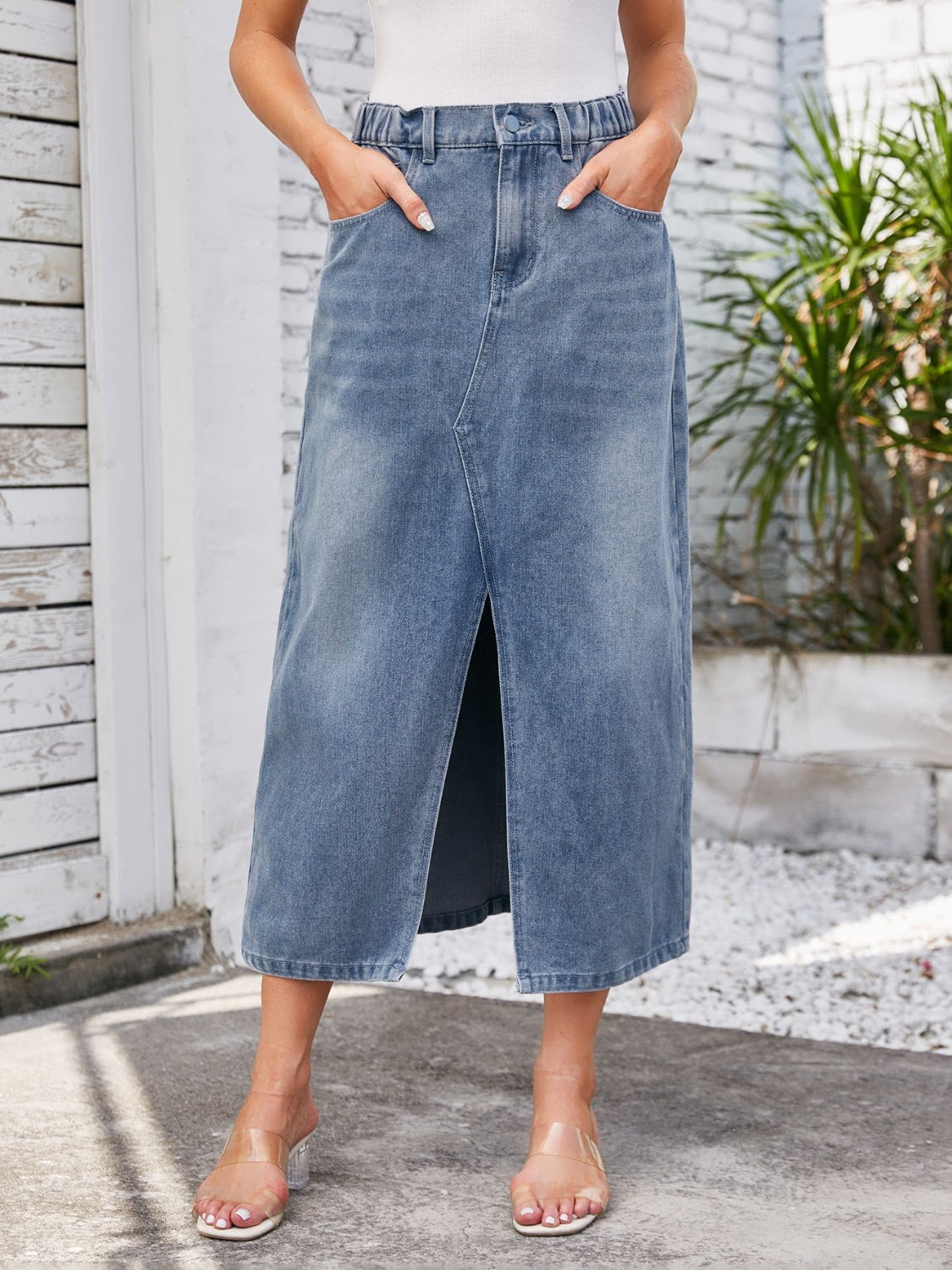 Slit Midi Denim Skirt with Pockets - Thandynie
