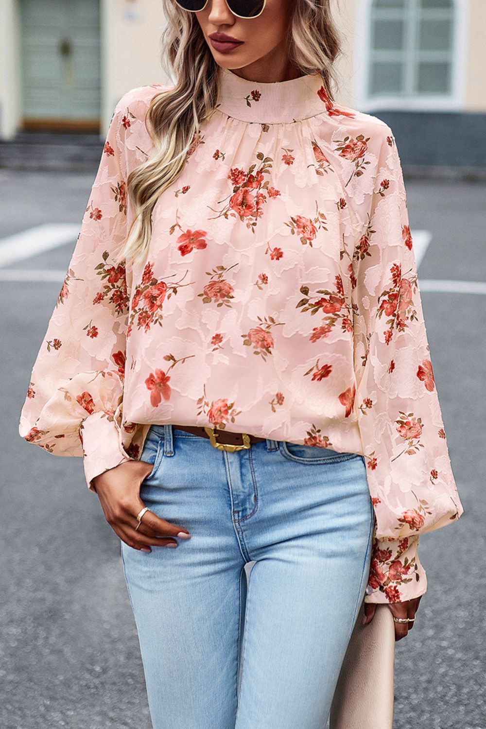 Floral Print Mock Neck Lantern Sleeve Blouse Blush Pink