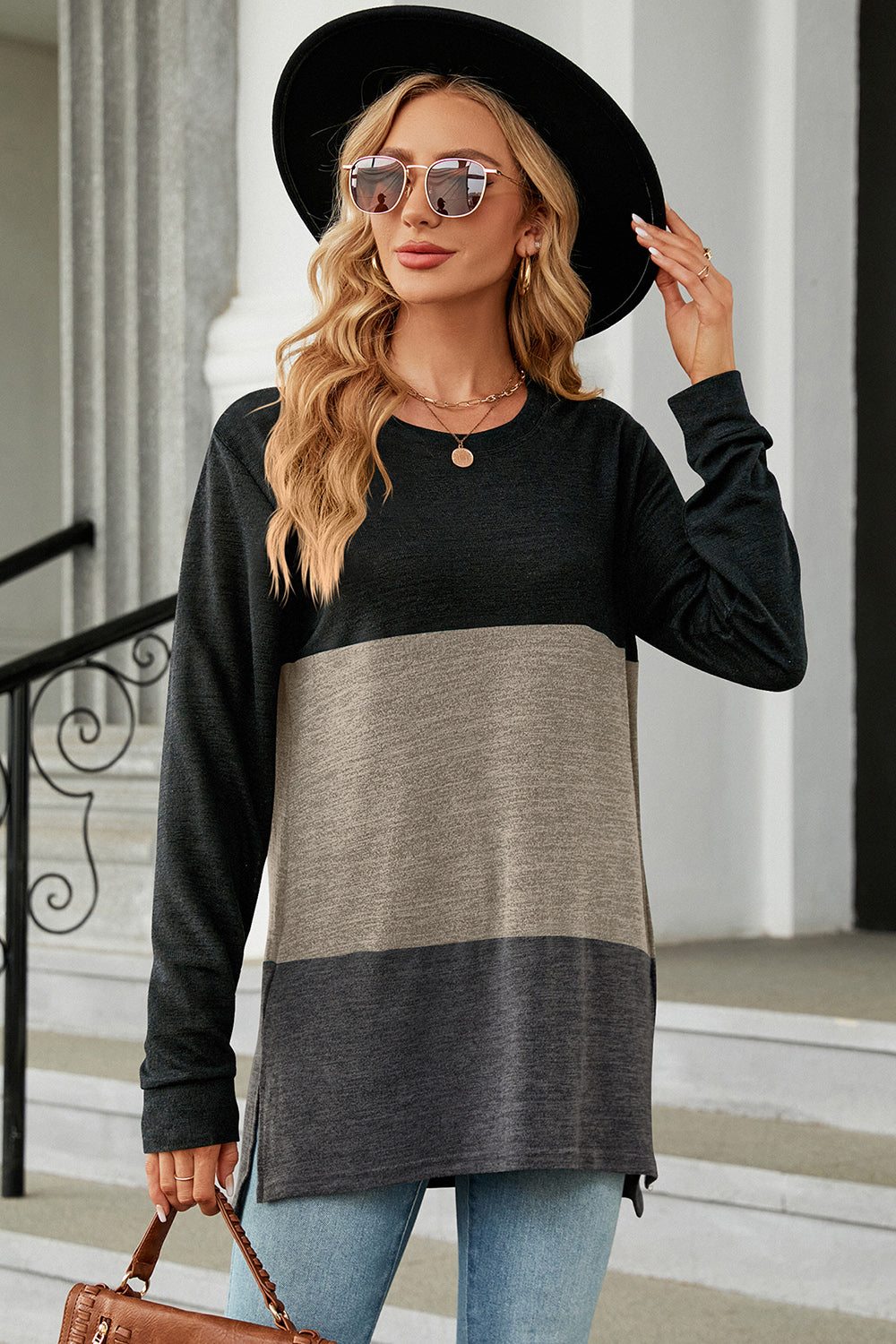 Color Block Round Neck Long Sleeve T-Shirt