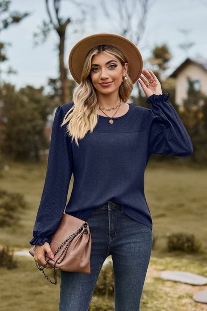 Round Neck Puff Sleeve Blouse Dark Blue