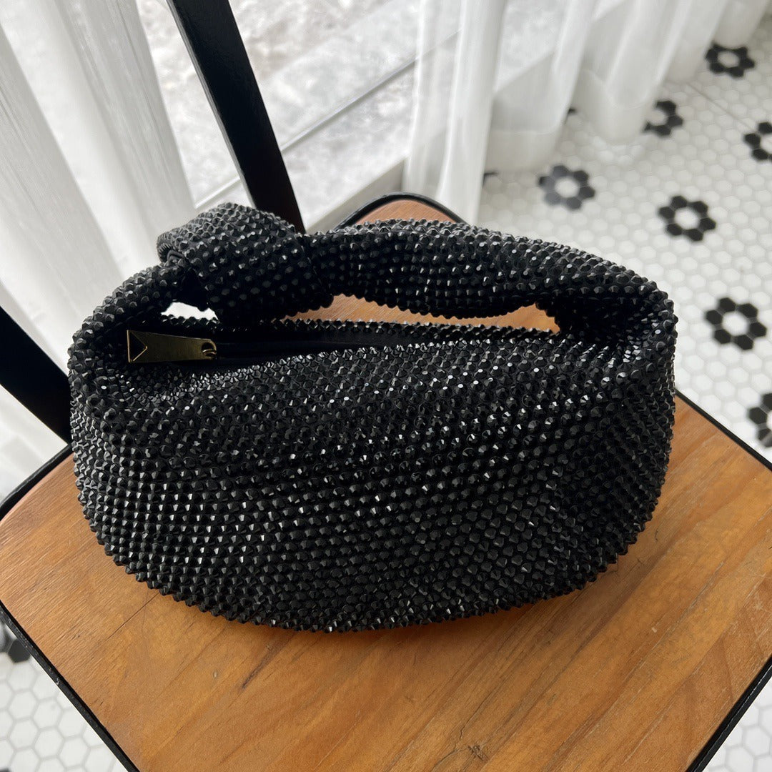 Crystal Diamond-Inlaid Half Moon Underarm Bag | Elegant Canvas Small Bag with Knots black 27cm*13cm*10cm