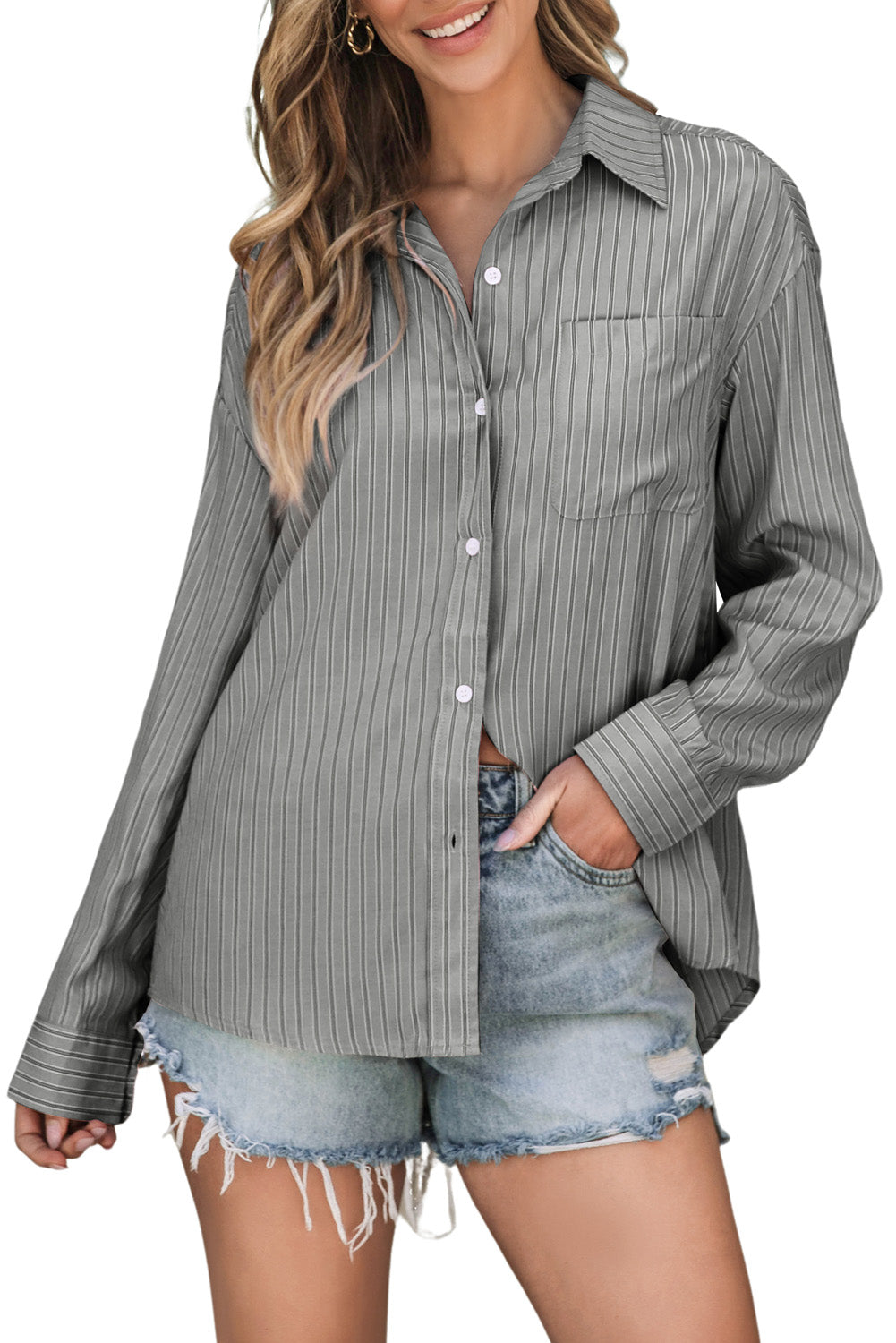 Striped Button Up Long Sleeve Shirt Gray