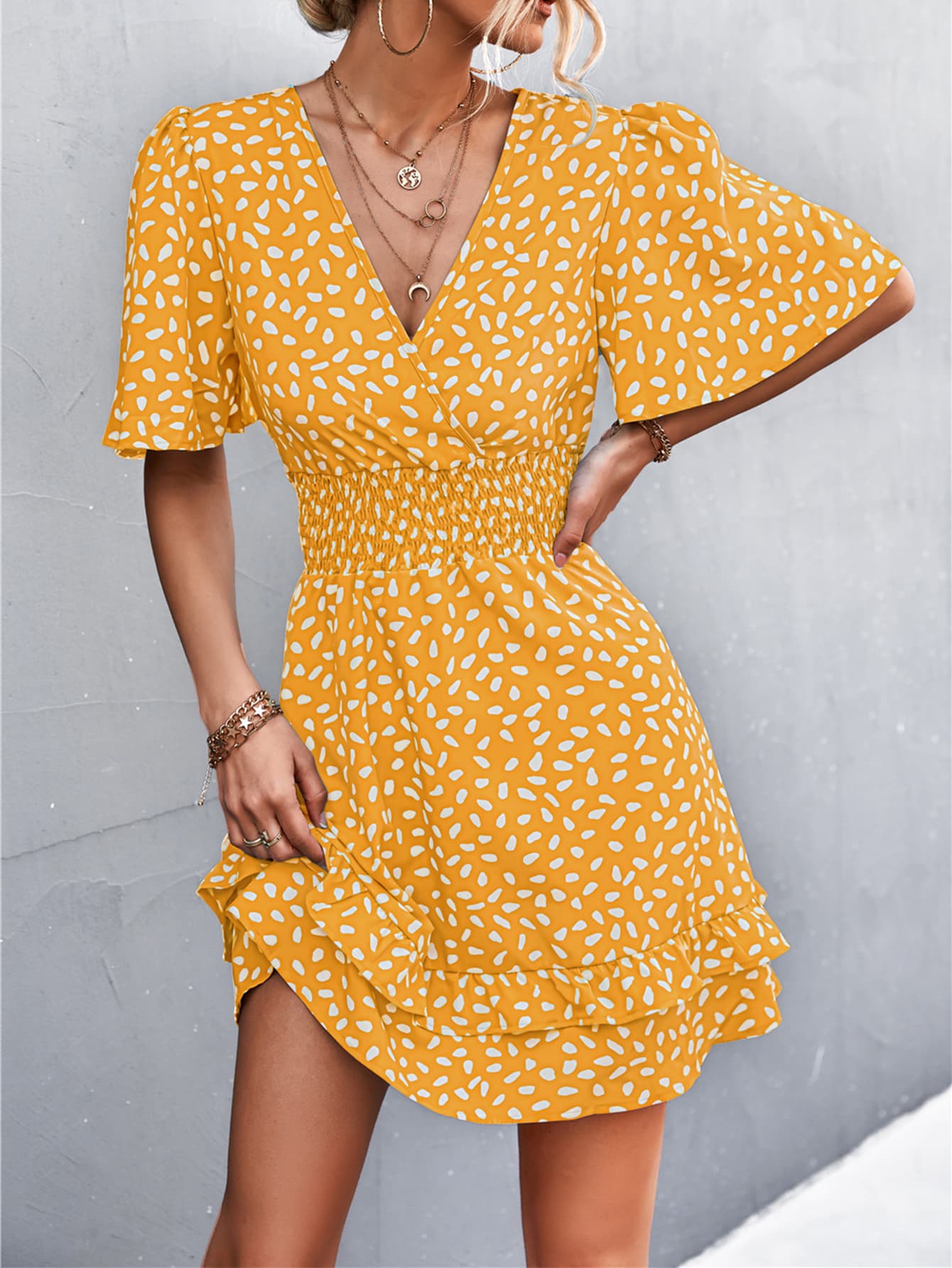 Printed Smocked Waist Layered Surplice Dress Mustard