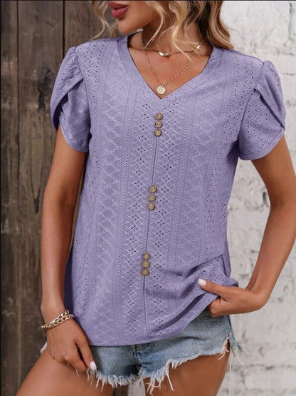 Eyelet V-Neck Petal Sleeve T-Shirt Lavender