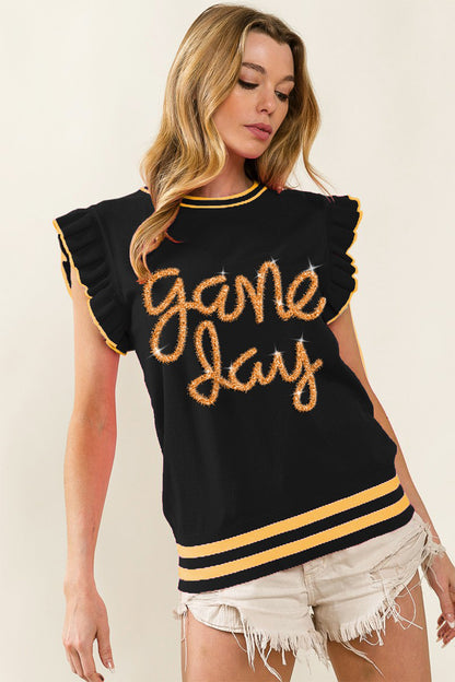 BiBi Game Day Letter Contrast Trim Ruffled Sleeveless Sweater Black Gold