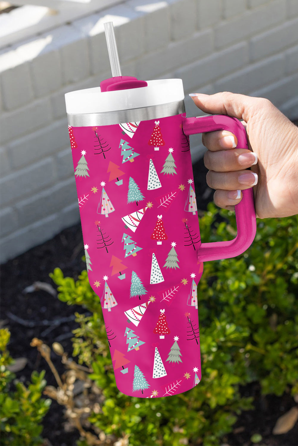 40oz Rose Red Cartoon Christmas Tree Printed Thermos Cup