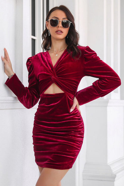 Twist Front Cutout Long Sleeve Dress Burgundy