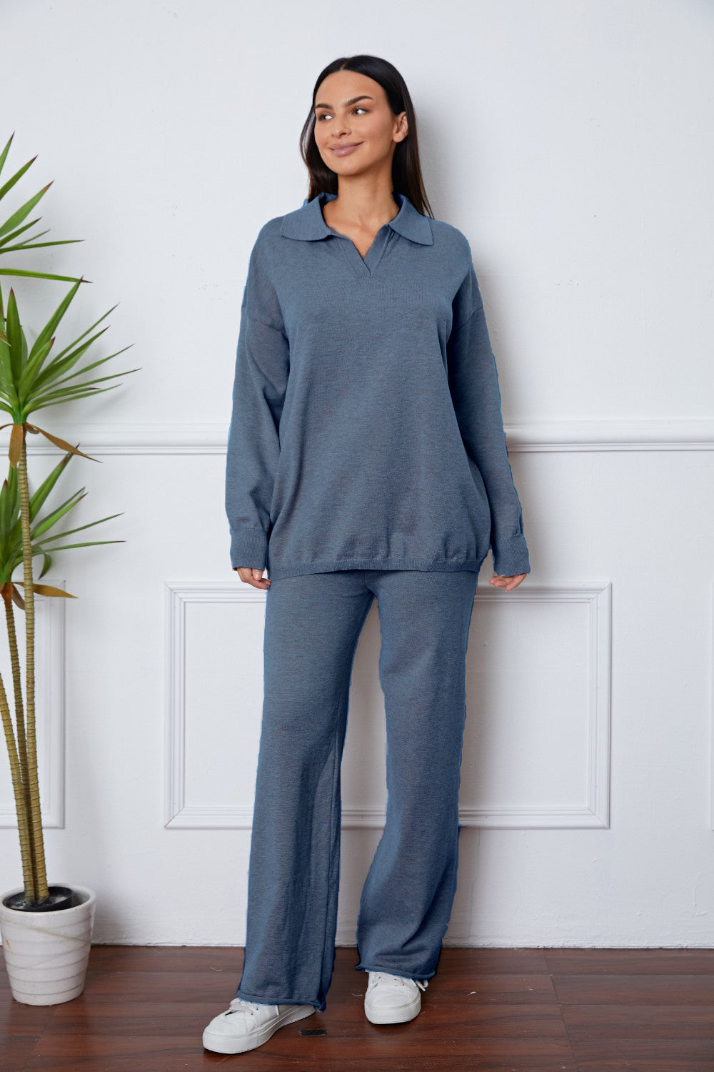 Dropped Shoulder Sweater and Long Pants Set French Blue One Size