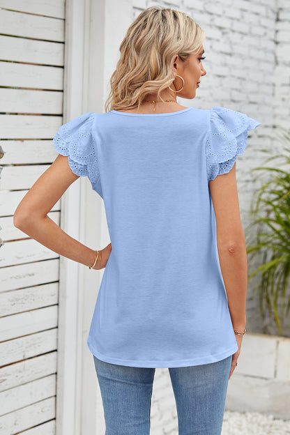 Eyelet Square Neck Cap Sleeve Blouse