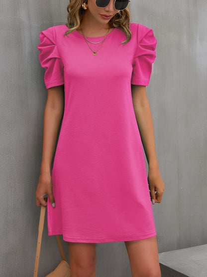 Round Neck Puff Sleeve Mini Dress Hot Pink