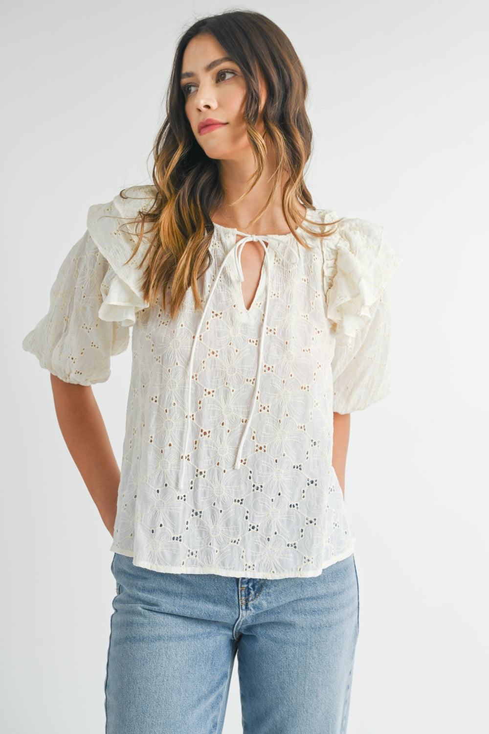 MABLE Eyelet Lace Ruffle Shoulder Puff Sleeve Blouse Cream