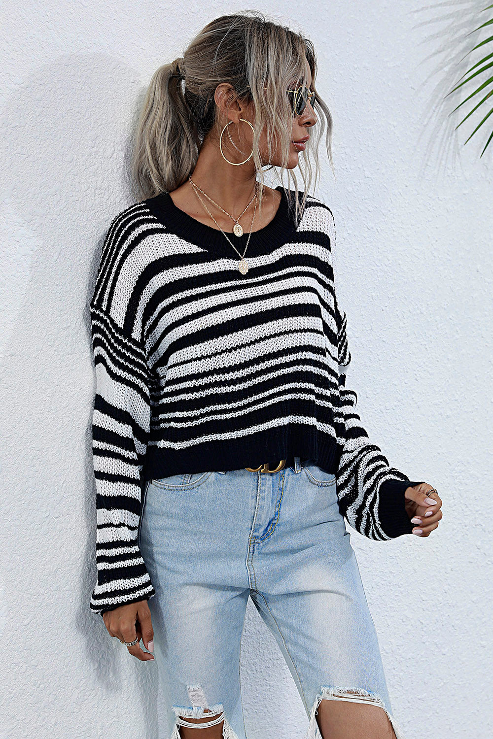 Striped Round Neck Dropped Shoulder Sweater Black